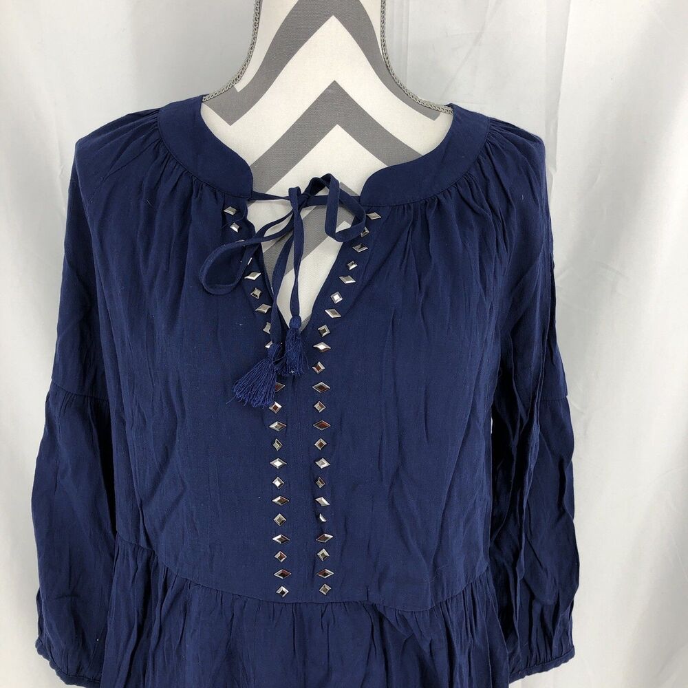 Liz Claiborne Blue Studded Tassel Boho Peasant Cottage Core Shirt Top Medium